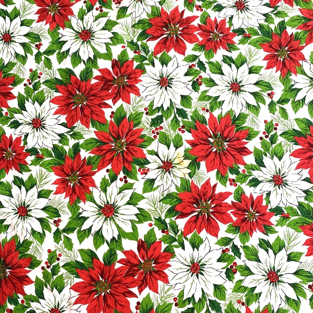 Christmas Tablecloth 1980’s Lightweight Cotton Blend Poinsettias Red Green White